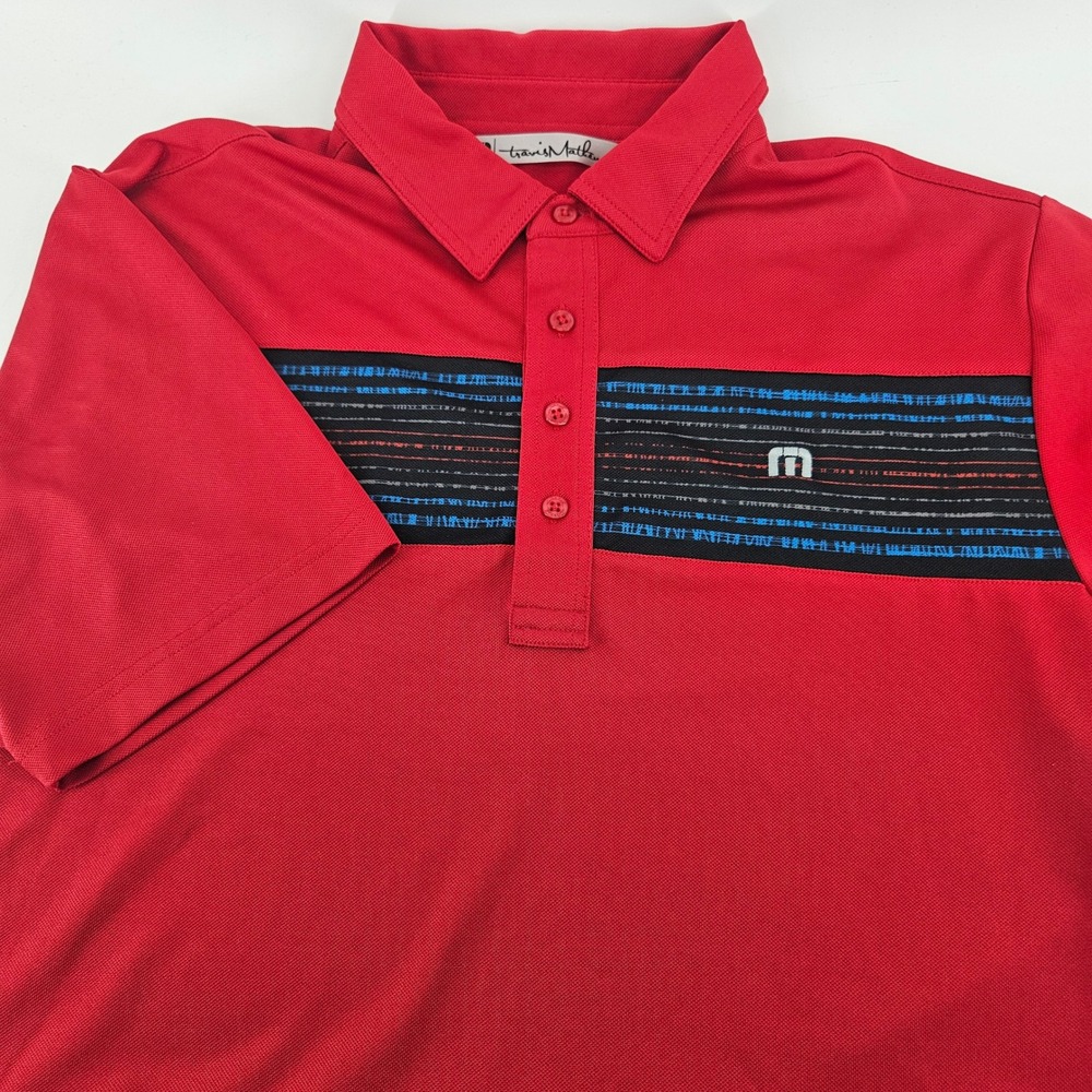 TravisMathew Mens Red Striped Golf Polo Shirt Short Sleeve Size Large